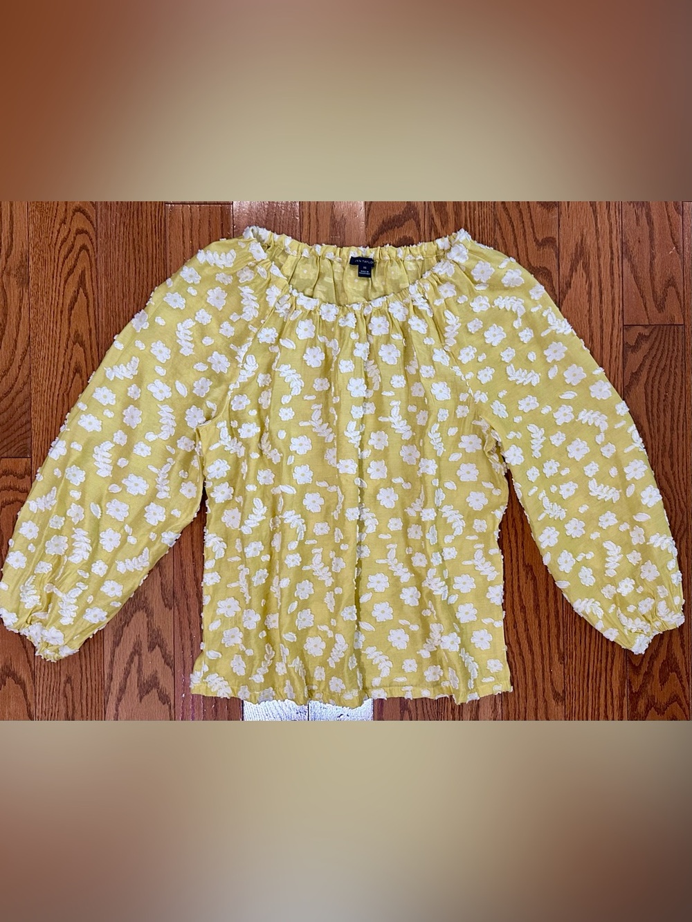Ann Taylor Yellow Peasant Blouse With White Embroidered Flowers